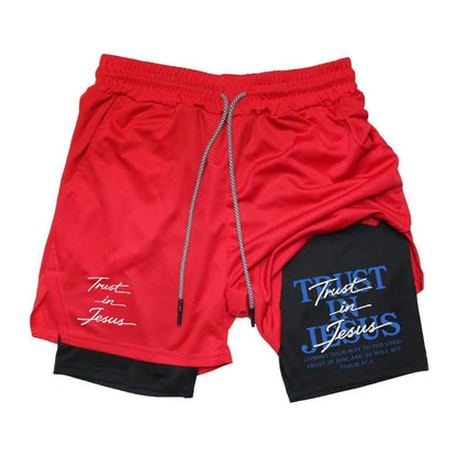 Trust in Jesus Psalm 37:5 Scripture Dual‑Side Graphic 2‑In‑1 Workout Shorts – Double Layer Compression Liner Gym Shorts, Men’S Quick‑Dry Training Shorts, Perfect Christian Faith Fitness Lover Gift
