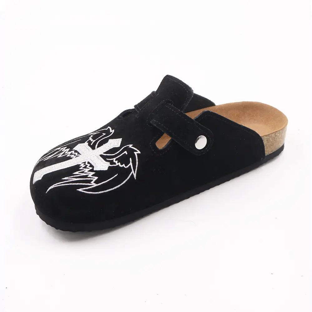 Gothic Cross & Wing Embroidered Black Clogs - Boston Style Cork Footbed Slides for Men Slip-On Mules