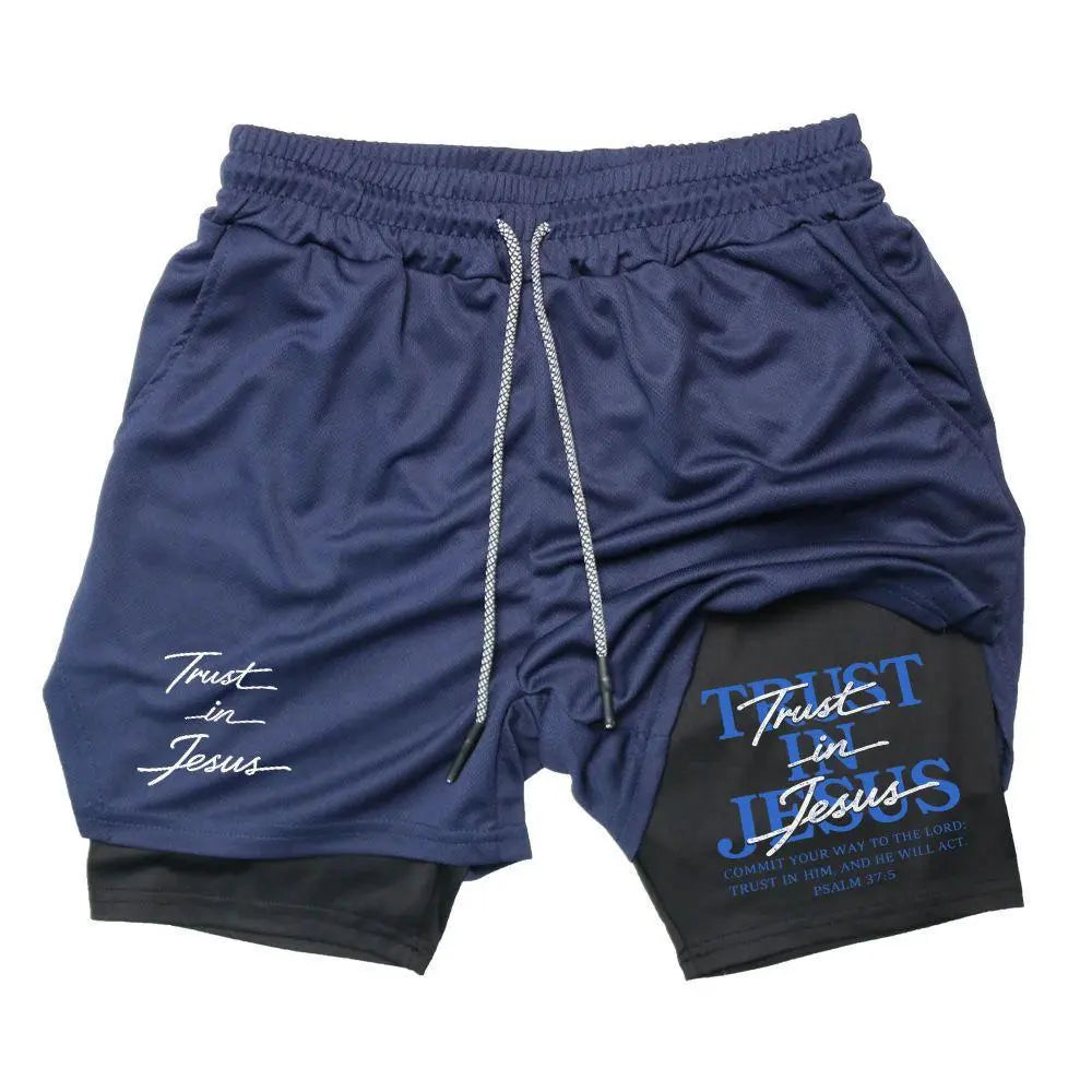 Trust in Jesus Psalm 37:5 Scripture Dual‑Side Graphic 2‑In‑1 Workout Shorts – Double Layer Compression Liner Gym Shorts, Men’S Quick‑Dry Training Shorts, Perfect Christian Faith Fitness Lover Gift