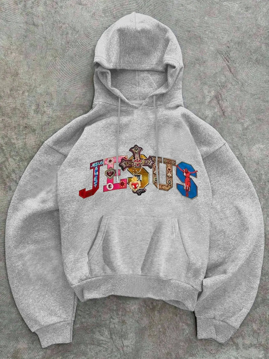 Neutral Hoodie with Vibrant Jesus Print and Cross Pattern, Christian Street Style Fitted Pullover for Fall & Winter Casual Wear, Long Sleeves Heavyweight Streetwear Sweatshirts Streetwear
