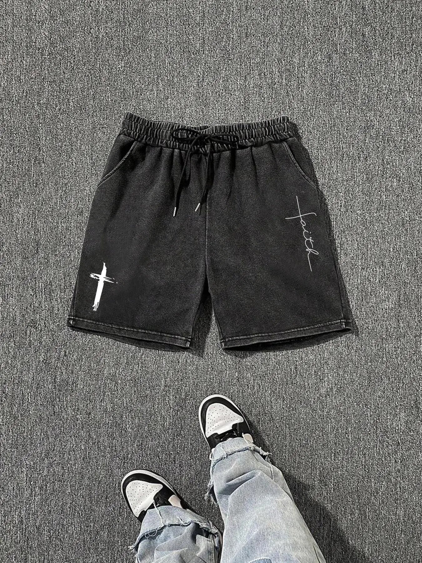 Men'S Cross Print Wash Shorts, Loose Casual Fashion Graphic Shorts for Summer, Men'S Bottoms for Daily Wear, Letter Patched Shorts