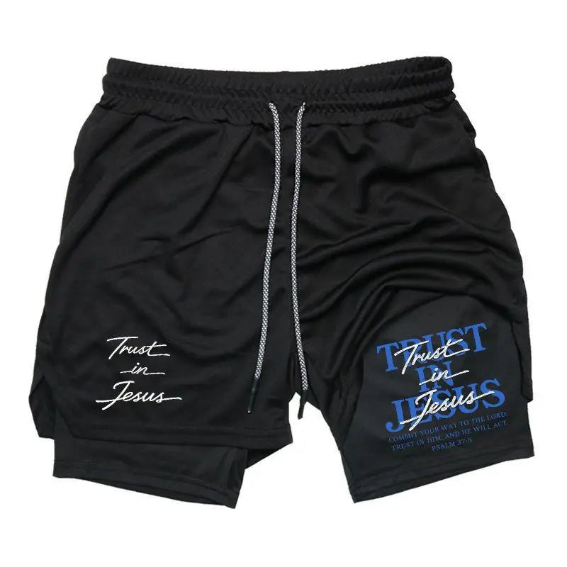 Trust in Jesus Psalm 37:5 Scripture Dual‑Side Graphic 2‑In‑1 Workout Shorts – Double Layer Compression Liner Gym Shorts, Men’S Quick‑Dry Training Shorts, Perfect Christian Faith Fitness Lover Gift