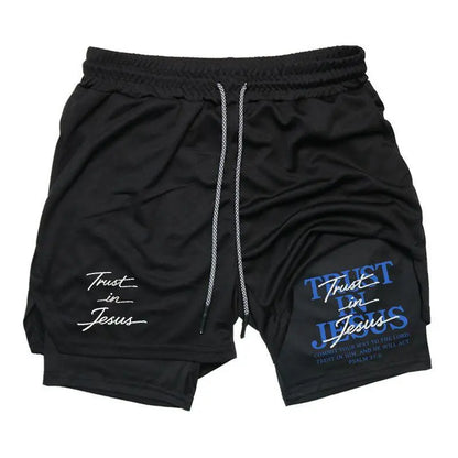 Trust in Jesus Psalm 37:5 Scripture Dual‑Side Graphic 2‑In‑1 Workout Shorts – Double Layer Compression Liner Gym Shorts, Men’S Quick‑Dry Training Shorts, Perfect Christian Faith Fitness Lover Gift