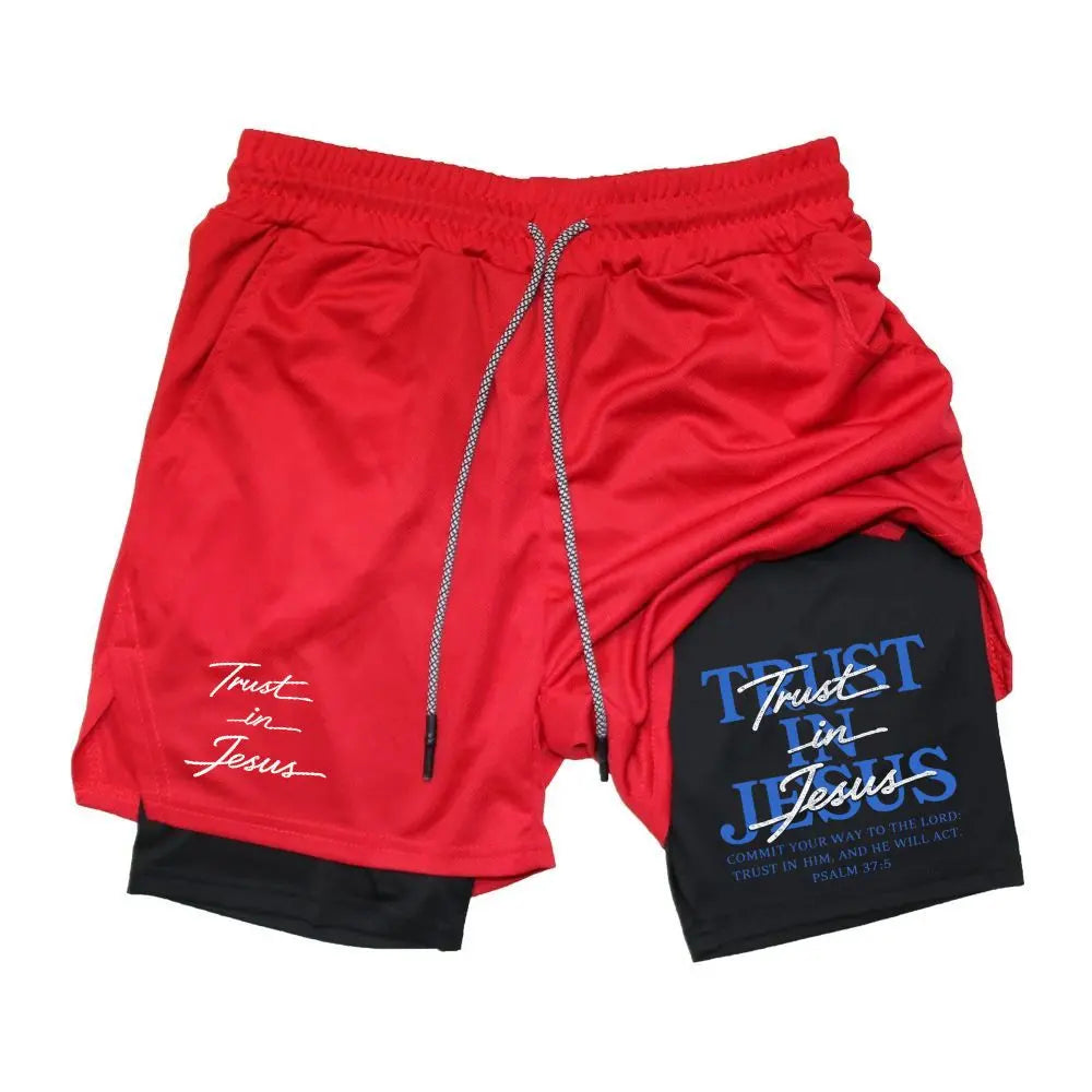 Trust in Jesus Psalm 37:5 Scripture Dual‑Side Graphic 2‑In‑1 Workout Shorts – Double Layer Compression Liner Gym Shorts, Men’S Quick‑Dry Training Shorts, Perfect Christian Faith Fitness Lover Gift
