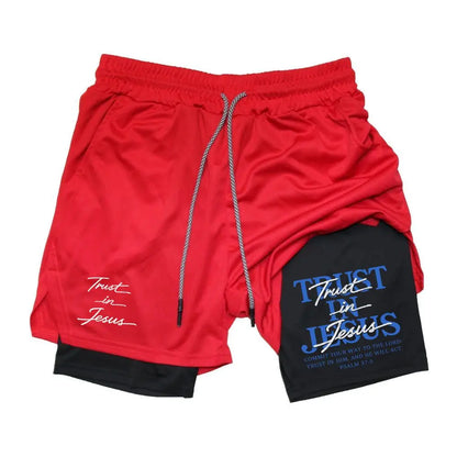 Trust in Jesus Psalm 37:5 Scripture Dual‑Side Graphic 2‑In‑1 Workout Shorts – Double Layer Compression Liner Gym Shorts, Men’S Quick‑Dry Training Shorts, Perfect Christian Faith Fitness Lover Gift