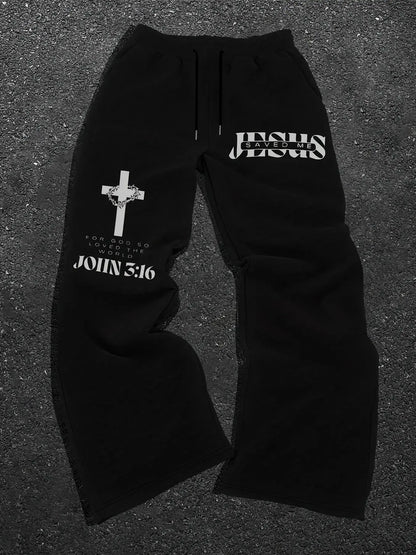 Trending Viral JESUS SAVED ME Religious Faith Black Loose Casual Long Pants Trouser JESUS SAVED ME + Thorn Cross + JOHN 3:16 Scripture + Black-White Contrast Print, Graphic Soft Fabric Casual Streetwear Essential Unisex Aesthetic Bottoms Religious Fai