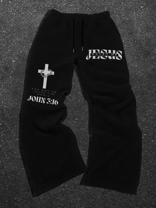 Trending Viral JESUS SAVED ME Religious Faith Black Loose Casual Long Pants Trouser JESUS SAVED ME + Thorn Cross + JOHN 3:16 Scripture + Black-White Contrast Print, Graphic Soft Fabric Casual Streetwear Essential Unisex Aesthetic Bottoms Religious Fai