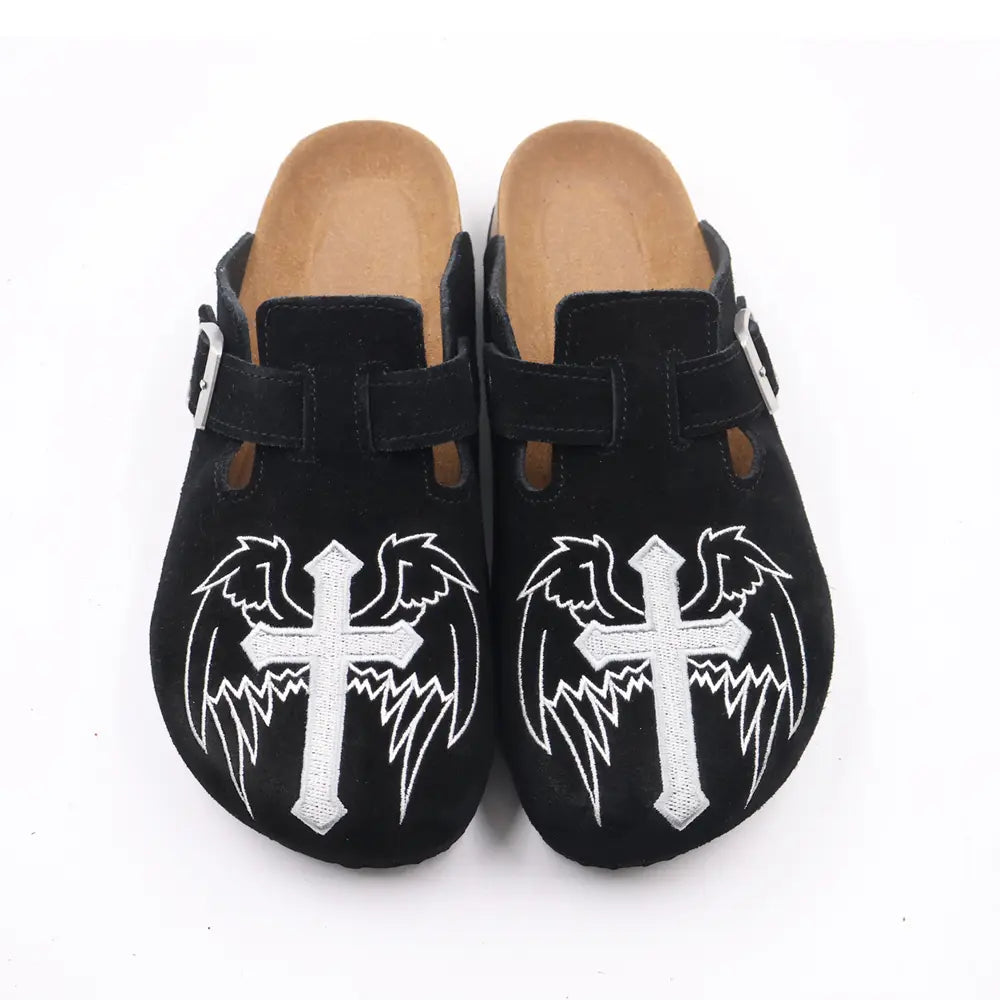 Gothic Cross & Wing Embroidered Black Clogs - Boston Style Cork Footbed Slides for Men Slip-On Mules