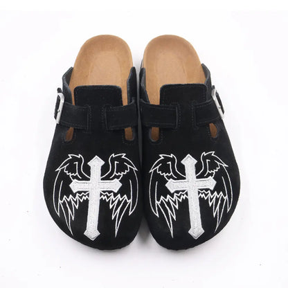 Gothic Cross & Wing Embroidered Black Clogs - Boston Style Cork Footbed Slides for Men Slip-On Mules