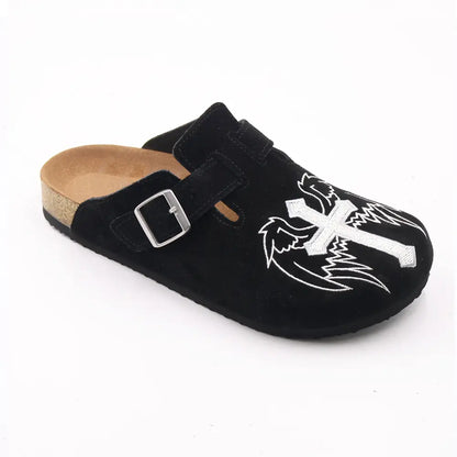 Gothic Cross & Wing Embroidered Black Clogs - Boston Style Cork Footbed Slides for Men Slip-On Mules