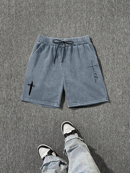 Men'S Cross Print Wash Shorts, Loose Casual Fashion Graphic Shorts for Summer, Men'S Bottoms for Daily Wear, Letter Patched Shorts