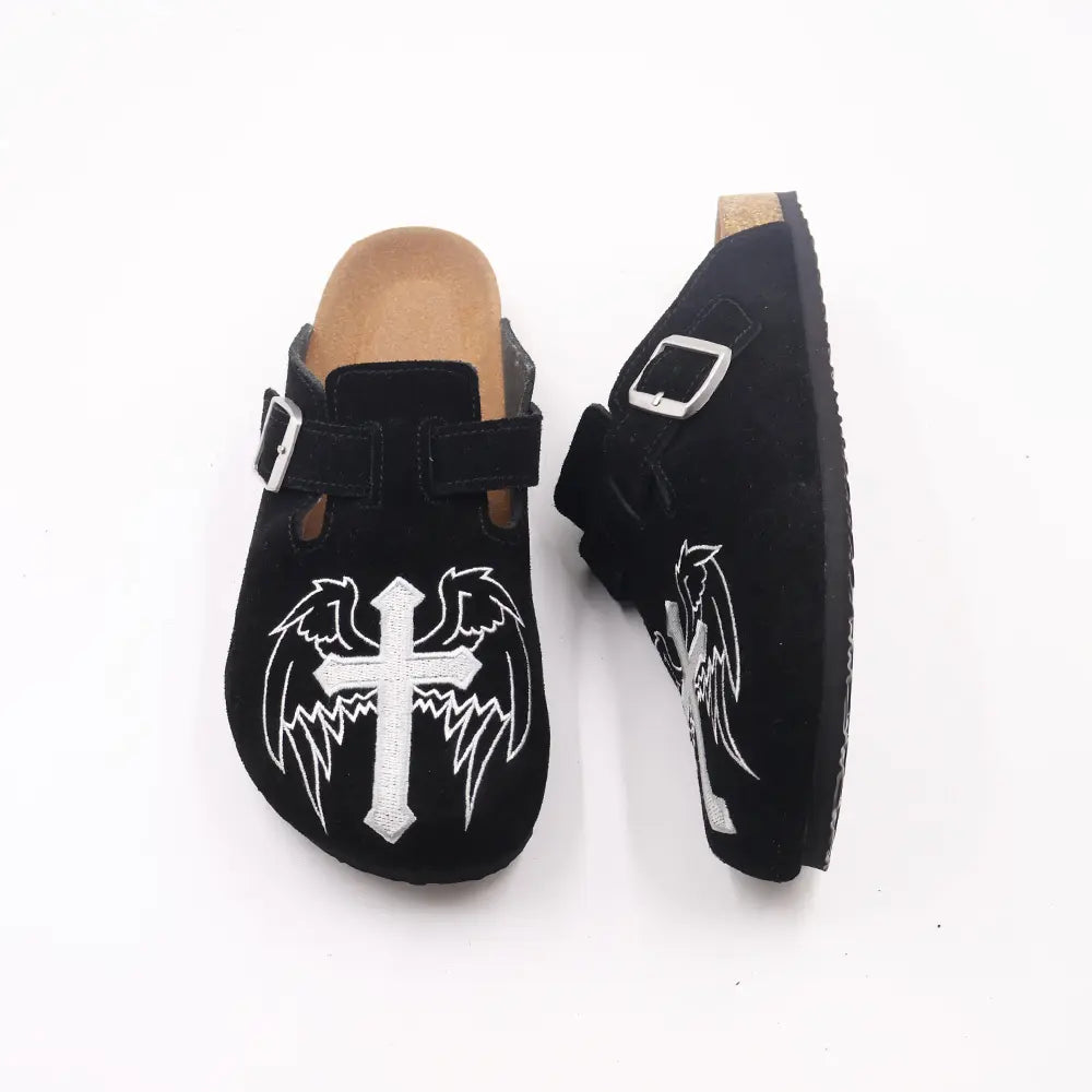 Gothic Cross & Wing Embroidered Black Clogs - Boston Style Cork Footbed Slides for Men Slip-On Mules