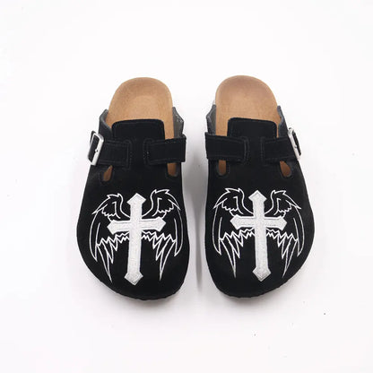 Gothic Cross & Wing Embroidered Black Clogs - Boston Style Cork Footbed Slides for Men Slip-On Mules