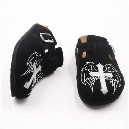 Gothic Cross & Wing Embroidered Black Clogs - Boston Style Cork Footbed Slides for Men Slip-On Mules