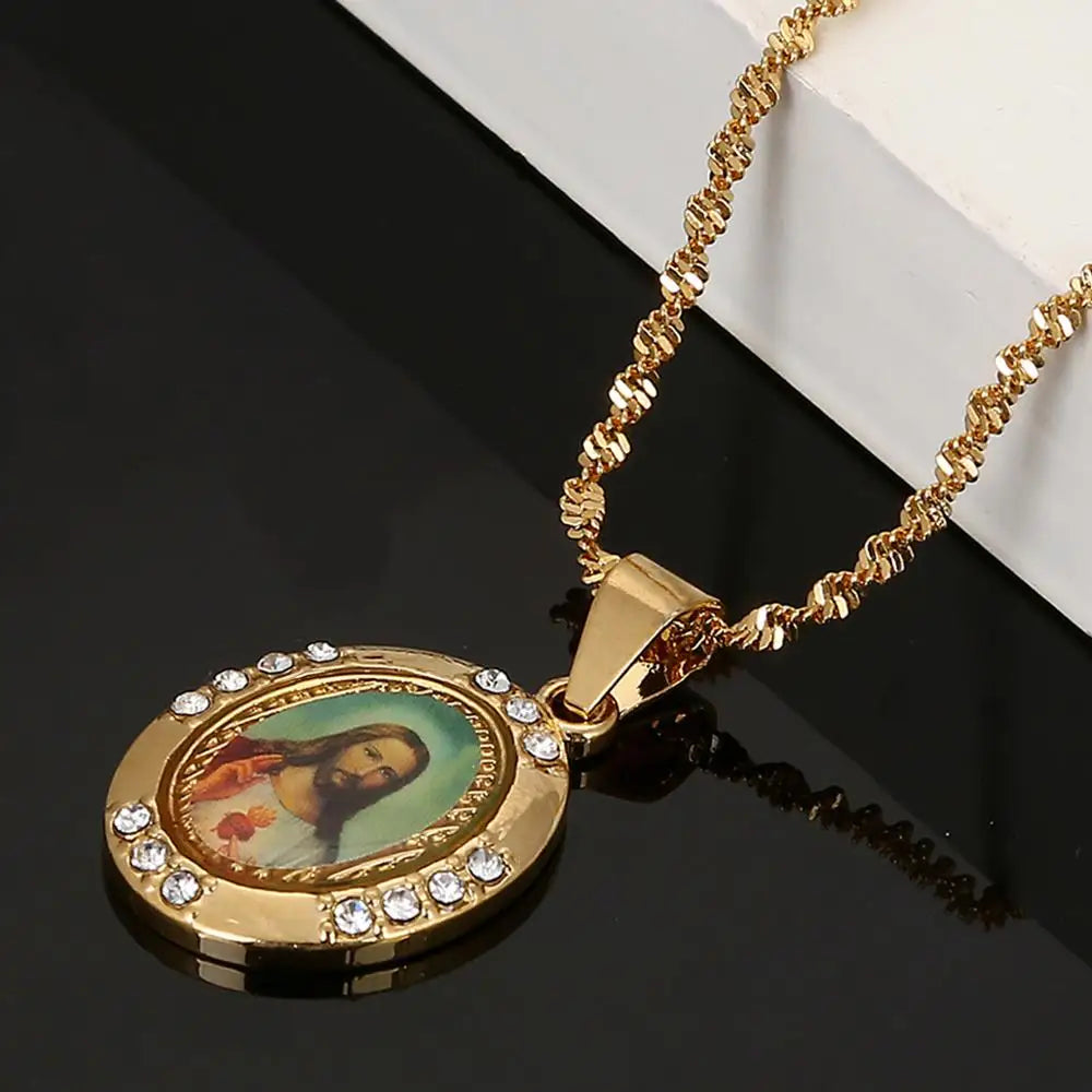 Gold Color Jesus Portrait Pendant Necklace Jesus Father Christian Chain Jewelry