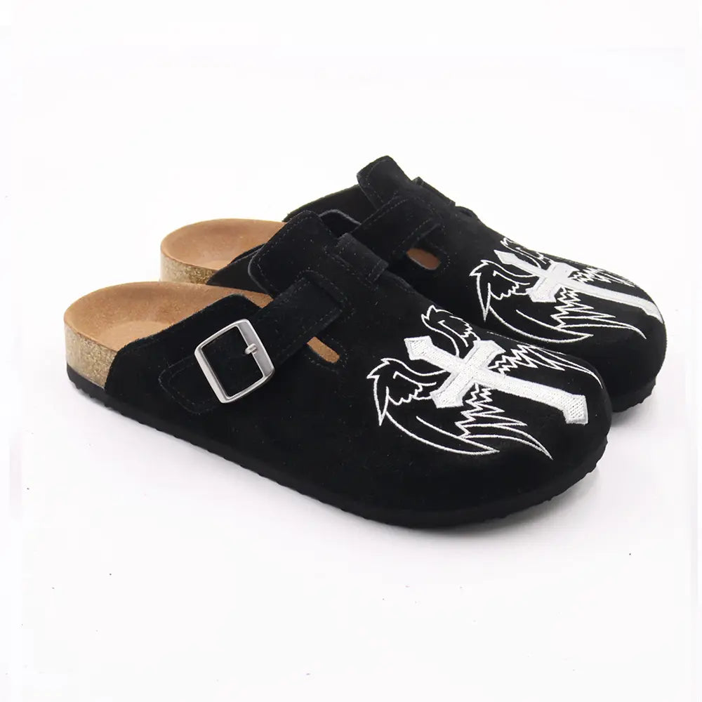 Gothic Cross & Wing Embroidered Black Clogs - Boston Style Cork Footbed Slides for Men Slip-On Mules