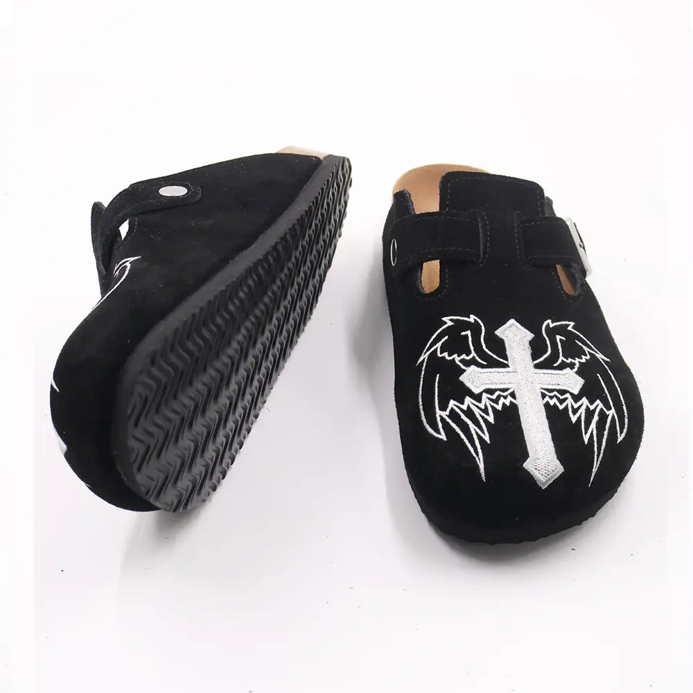 Gothic Cross & Wing Embroidered Black Clogs - Boston Style Cork Footbed Slides for Men Slip-On Mules