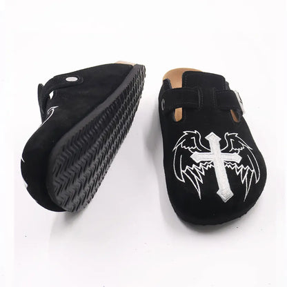 Gothic Cross & Wing Embroidered Black Clogs - Boston Style Cork Footbed Slides for Men Slip-On Mules