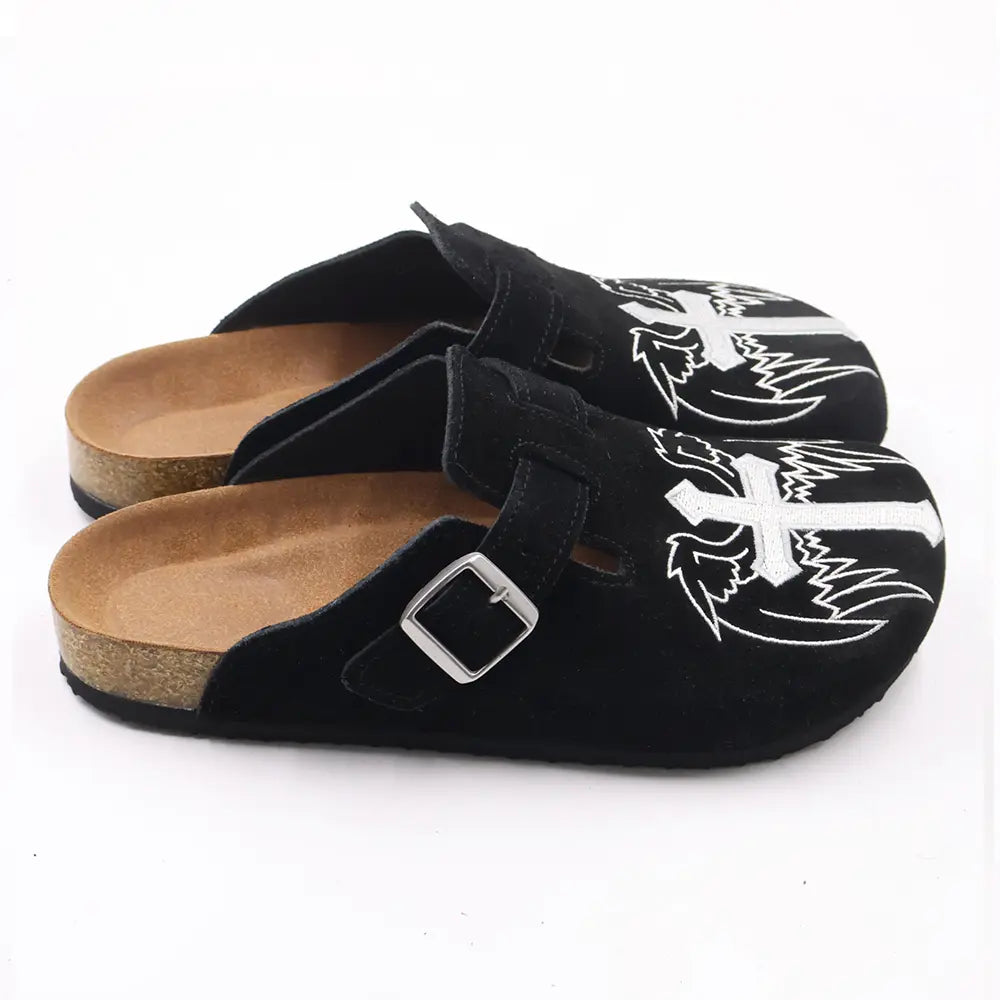 Gothic Cross & Wing Embroidered Black Clogs - Boston Style Cork Footbed Slides for Men Slip-On Mules
