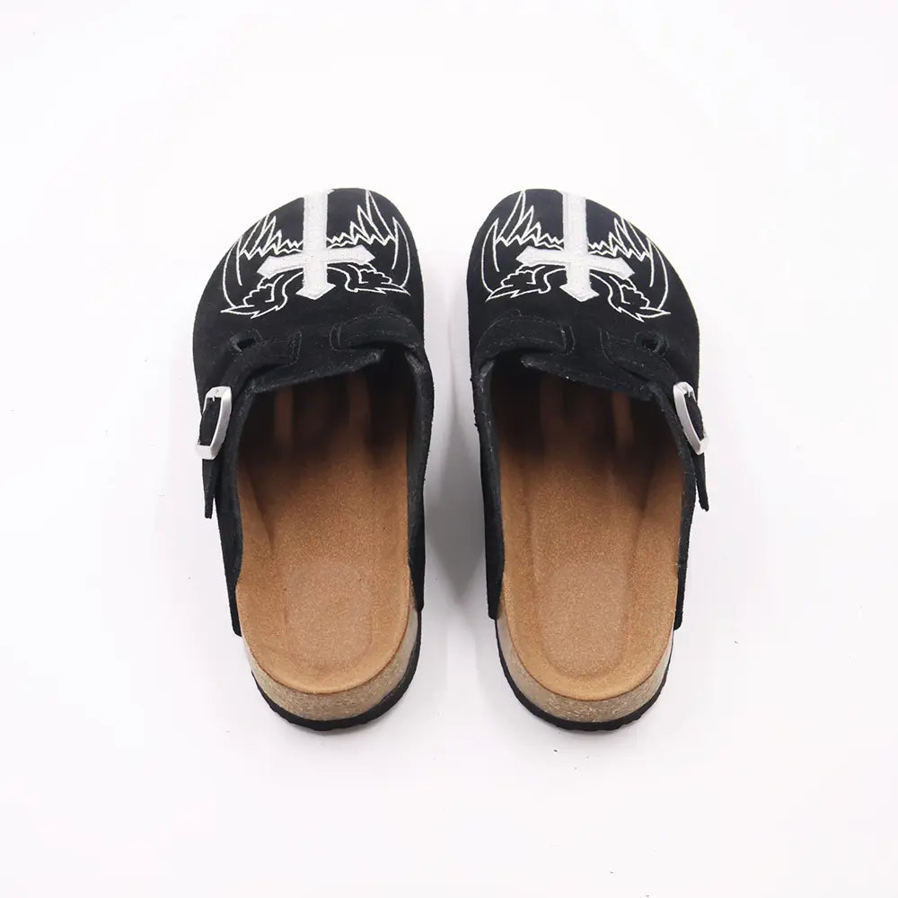 Gothic Cross & Wing Embroidered Black Clogs - Boston Style Cork Footbed Slides for Men Slip-On Mules