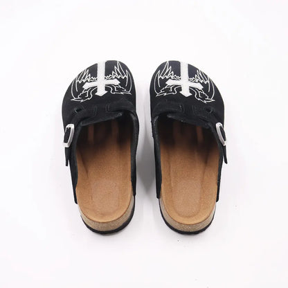 Gothic Cross & Wing Embroidered Black Clogs - Boston Style Cork Footbed Slides for Men Slip-On Mules